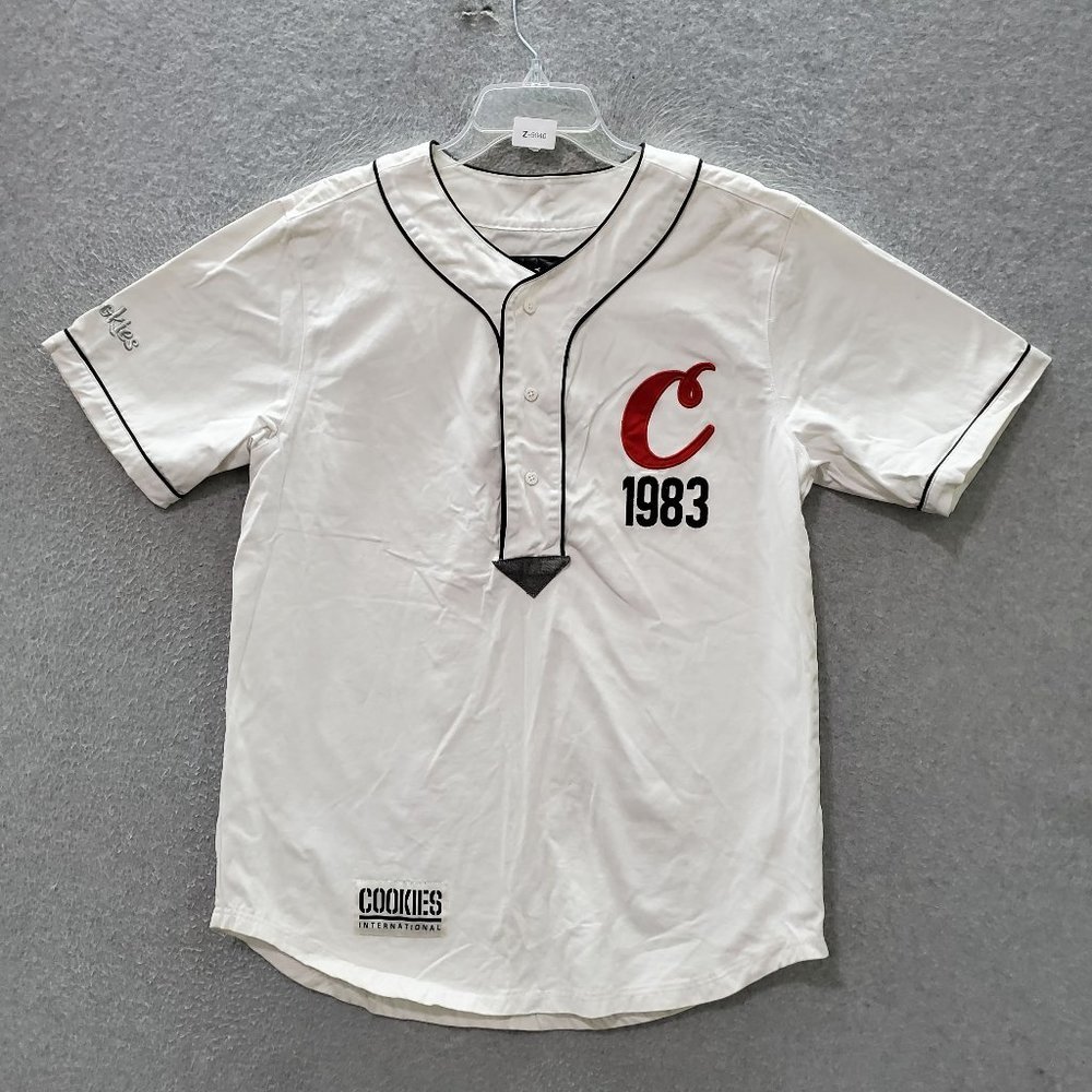 Cookies Men Baseball Jersey‎ Large White Logo Embroidered 1983 Short Sleeve READ